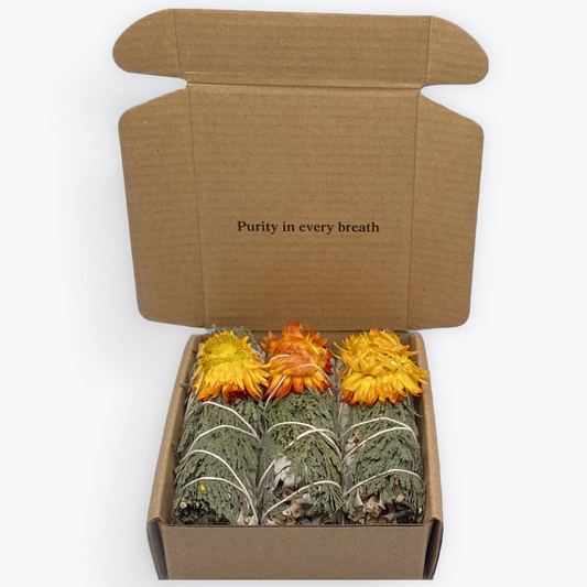 3 Sauges Blanche, Cèdre et Fleur en Papier Jaune - Orange - Pour Célébrer