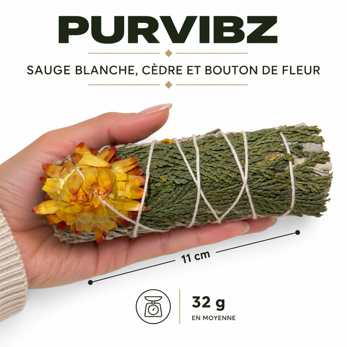 Sauge Blanche, Cèdre & Fleur en Papier Jaune-Orange
